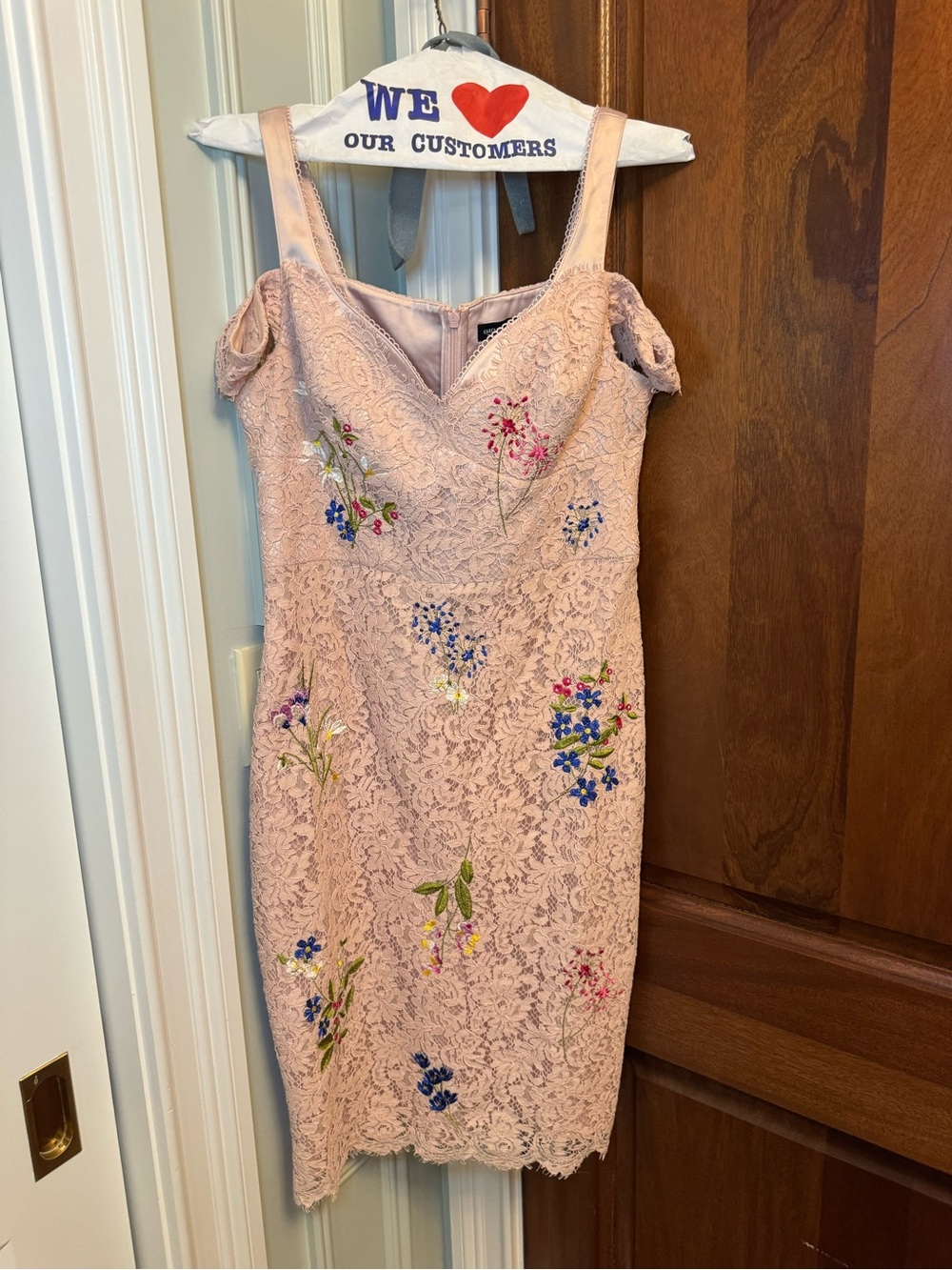 Karen Millen Blush Pink Lace Midi Dress with Multicolor Floral Embroidery Sz 8
